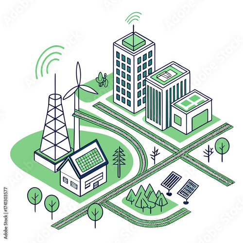 Vector art of isometric illustration of a smart city powered by renewable energy sources, including solar panels and wind turbines, concept of sustainable urban development