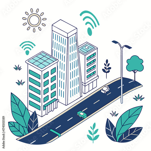 Vector art of isometric illustration of a smart city with autonomous vehicles, solar panels, and wireless connectivity, showcasing sustainable urban development and technological innovation
