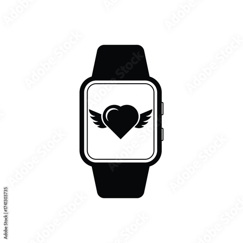 smartwatch silhouette with heart and wings vector illustration for health and fitness.