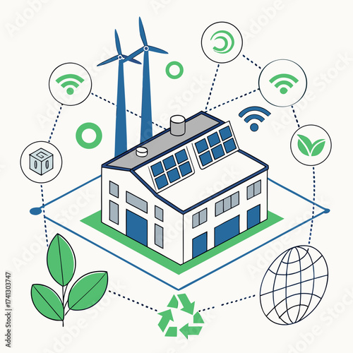 Vector art of isometric illustration of a sustainable factory powered by solar panels and wind turbines, connected to a network of green technologies