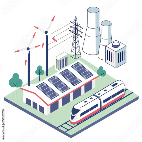 Vector art of isometric illustration of a sustainable industrial complex powered by renewable energy, featuring solar panels, wind turbines, and an electric train