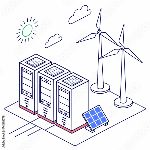 Vector art of isometric illustration of a data center powered by renewable energy, featuring wind turbines and solar panels, promoting green technology