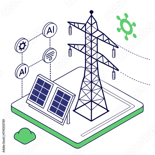 Vector art of isometric illustration showcasing the integration of solar panels with power grids, enhanced by artificial intelligence and green energy solutions