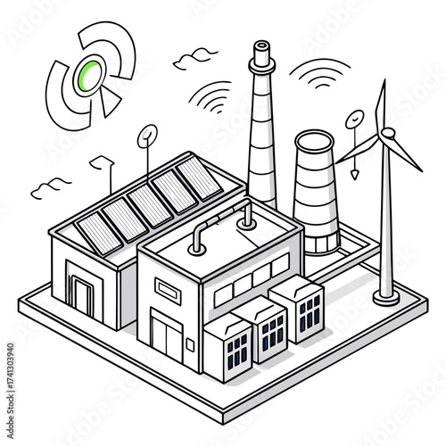 Vector art of isometric illustration of an industrial plant powered by renewable energy sources like solar panels and wind turbines, showcasing sustainable manufacturing