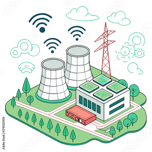Vector art of isometric illustration of a modern power plant with cooling towers, solar panels, and transmission towers, showcasing energy production and distribution