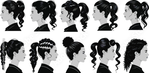 Collection of Various Women's Ponytails, Buns, and Updo Hairstyles - Side Profile Set