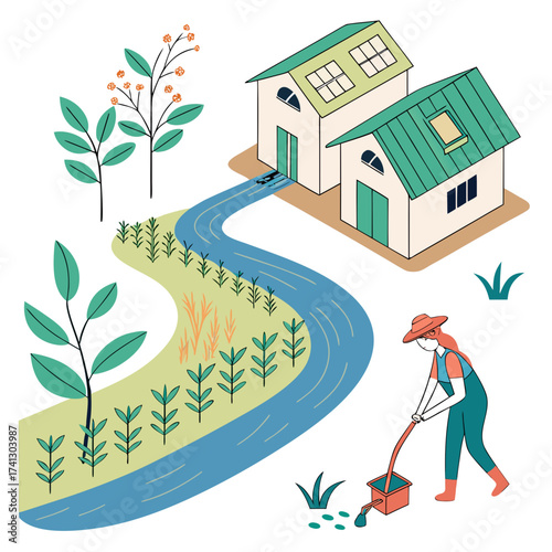 Illustration of a sustainable living environment with houses powered by solar energy, a natural stream for water conservation, and a gardener tending to plants