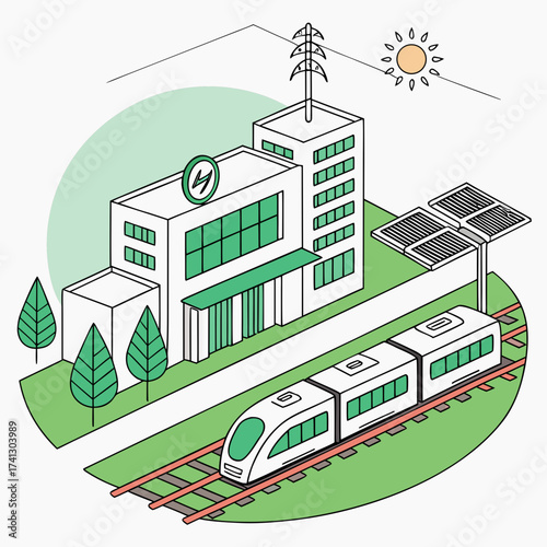 Vector art of isometric illustration of a smart eco city with a train station, solar panels, and power lines, showcasing sustainable energy and transportation