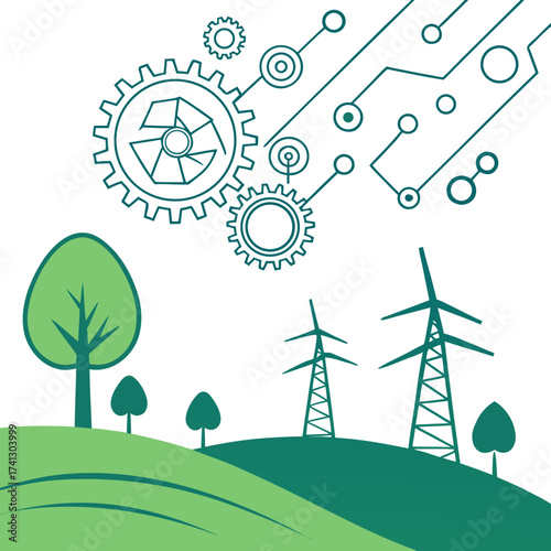Vector art of green energy and technology concept illustration gears, circuit board, wind turbines, power lines, and trees in a flat design style