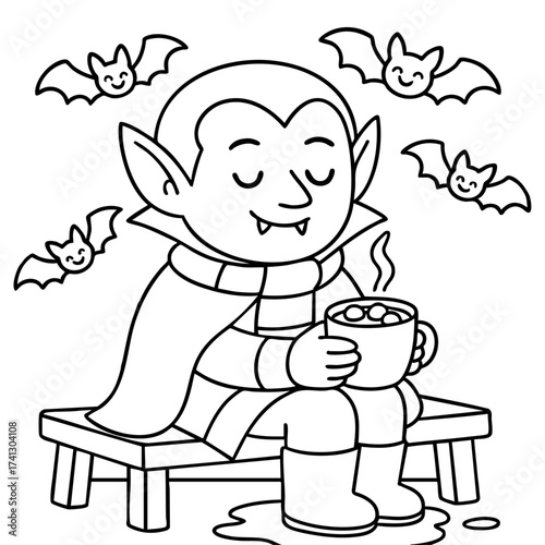Cozy vampire holding cocoa surrounded by bats, fun autumn Halloween coloring page.