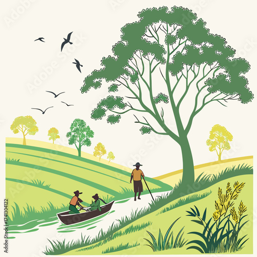 Illustration of people boating on a river in a rural landscape with a large tree and birds flying in the sky
