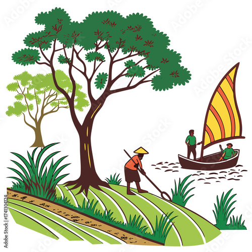 Vector art of a vibrant african agricultural scene illustration showcasing farmers working in fields, a boat sailing on a river, and lush trees, depicting the harmony between nature and rural life