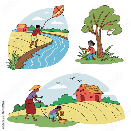 Vector art of illustration depicting rural life with children flying a kite, a child gathering plants, and women farming in a field, showcasing traditional activities and connection to nature