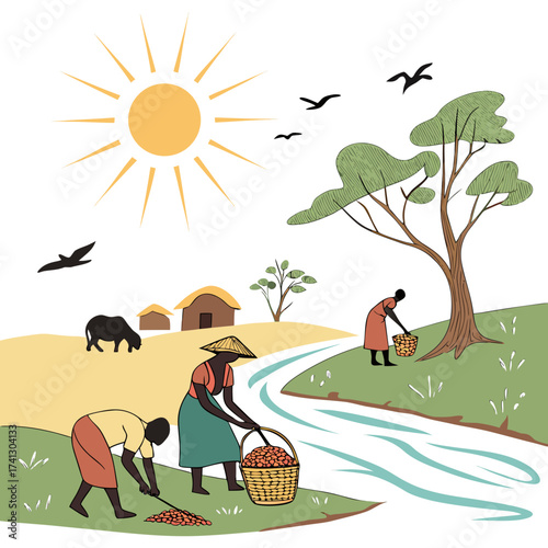 Vector art of an idyllic african village scene illustration featuring women harvesting crops, traditional huts, and a bright sun, capturing the essence of community and rural life