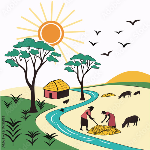 Vector art of a vibrant african village scene showcases rural life with farmers harvesting crops near a river, under a bright sun and flying birds, embodying the essence of community and nature