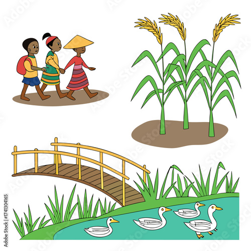 Vector art of illustration depicting children walking to school, a bridge over a stream with ducks, and rice plants, showcasing a rural or agricultural scene