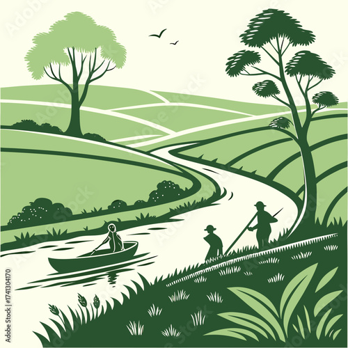 Vector art of a serene countryside scene unfolds with a winding river, lush green hills, and silhouetted figures engaged in leisurely activities, evoking a sense of tranquility and rural charm