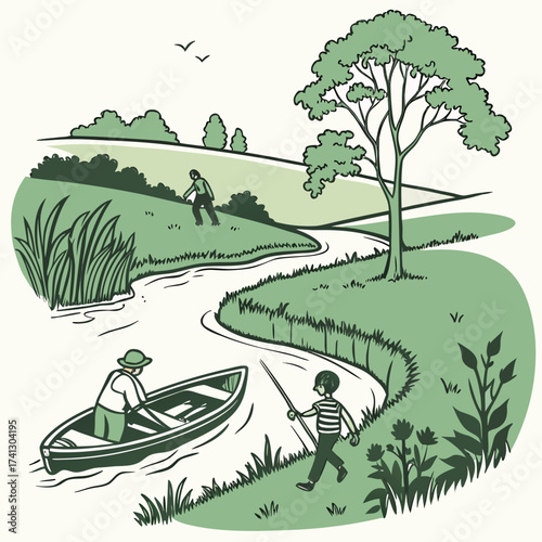 Vector art of a picturesque countryside scene features a meandering river, verdant hills, and figures enjoying recreational pursuits, creating a peaceful and idyllic atmosphere
