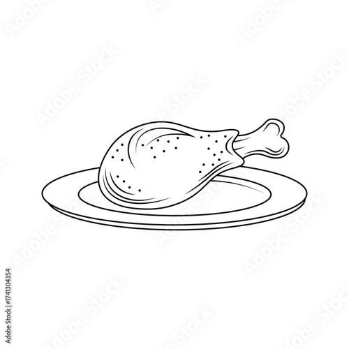cooked chicken drumstick on plate black and white vector illustration