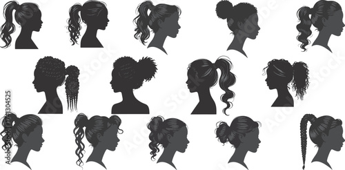 Collection of Young Girl Silhouettes with Various Ponytail, Bun, and Updo Hairstyles Vector Set
