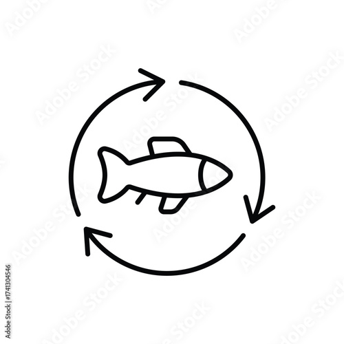 Black outlined fish surrounded by a circular arrow