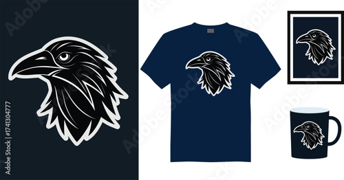 Stylized Tshirt mockup raven head graphic dark blue t shirt framed art mug bird