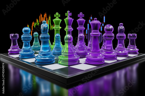 Stock Market Chess Game With Candlestick Chart On Black Background