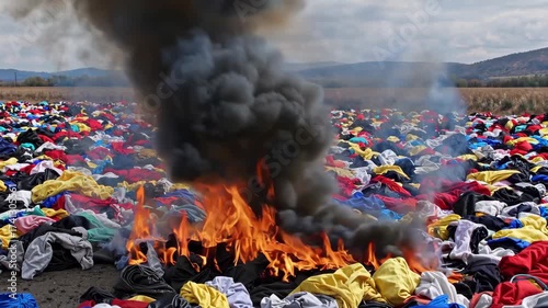 Open burning of discarded clothes releasing thick black smoke and toxic air pollution in landfill field