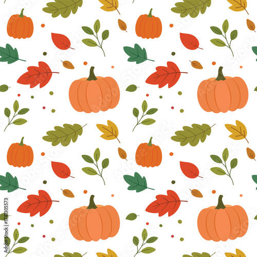 Pumpkins and autumn leaves in warm fall colors on white background, seasonal illustration
