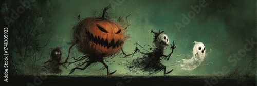 A classic 70s Halloween illustration showing a scary pumpkin with a grin chasing playful ghosts. Fun yet eerie retro poster art.
