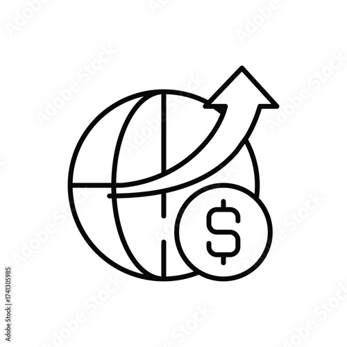 Graphic with a globe dollar sign and arrow signifying global finance