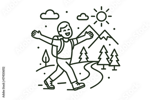 Happy hiker on a mountain trail. Man with a backpack enjoying nature. Concept of outdoor adventure, travel, and freedom. Line art vector illustration of a person trekking.
