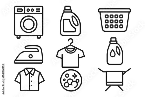 Laundry service line icon set. Housework and cleaning concept. Washing machine, detergent, iron, basket. Clothes wash, dry and fold symbols for laundromat or home.
