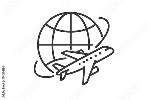 Airplane flying around the globe icon. International travel, business flight and world tourism concept. Global logistics and transportation symbol. Vector thin line illustration.
