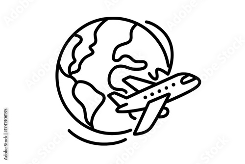 Airplane flying around globe vector line icon. International business trip or holiday vacation concept. World travel, global tourism, and aviation transport symbol.