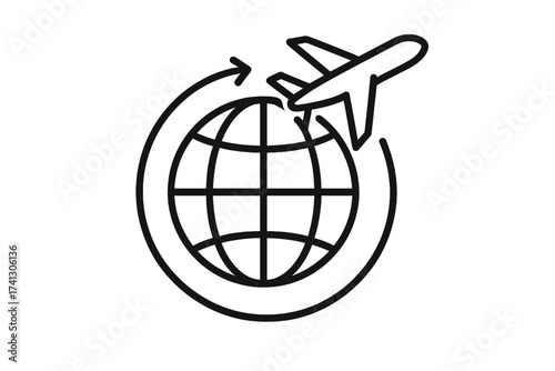 Airplane travel around the world. International flight and global business trip concept. Planet earth and aircraft icon. Worldwide tourism and vacation journey vector logo.