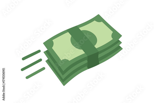 Fast money transfer icon, quick cash payment symbol. Bundle of banknotes vector illustration. Financial concept for business, economy, investment, salary, income, and fast loan.