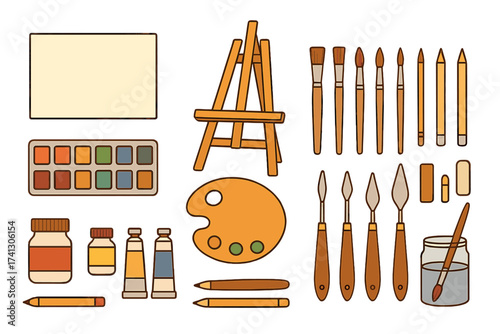 Art tools and artist equipment mega set in flat design. Bundle of painting elements like canvas, watercolor, acrylic paints, easel, palette, brushes, pencils and spatulas. Vector.