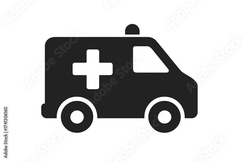Ambulance vehicle icon for emergency medical services. Paramedic car or hospital van silhouette with a cross symbol. Health care rescue transport vector graphic illustration.