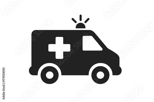 Ambulance vehicle icon. Emergency medical car symbol. Paramedic van for hospital transport. First aid rescue service. Clinic healthcare silhouette. Medicine cross sign.