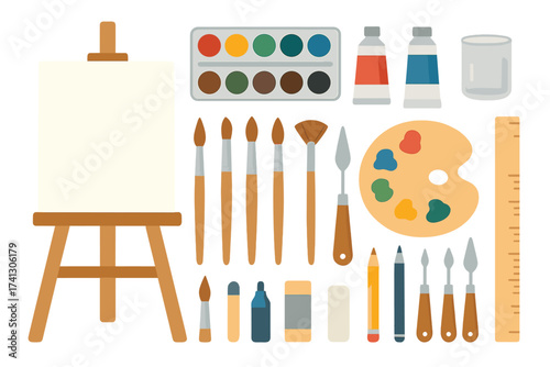 Art tools set for artist. Painting and drawing supplies bundle in flat design. Vector collection with easel, canvas, watercolor, acrylic paints, palette, brushes, pencils.