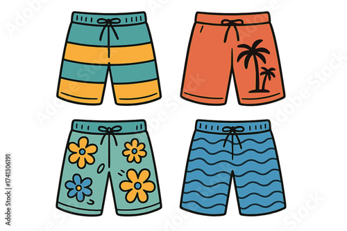 Men's beach shorts set. Summer fashion swim trunks collection. Vector cartoon doodle illustration of swimwear with palm tree, floral, wave, and stripe patterns for vacation.