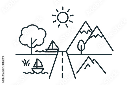 Road trip choice between beach and mountain holiday destinations. Summer vacation with sea, boat and sun vs winter snow peaks. Journey, travel and adventure concept vector icon.