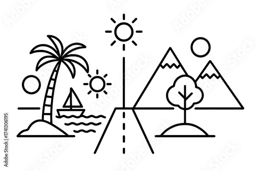 Road trip choice between beach or mountain vacation destination. Summer holiday journey adventure concept. Thin line vector icon illustration of a landscape with sea and a boat.