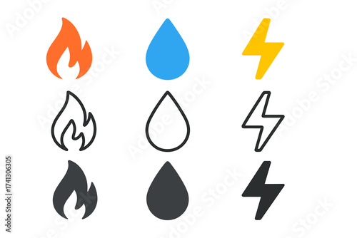 Collection of gas, electricity, water symbols. Vector icon illustration of flame, drop, bolt. Electric source, gasification, aqua. Energy and power resources icons set.