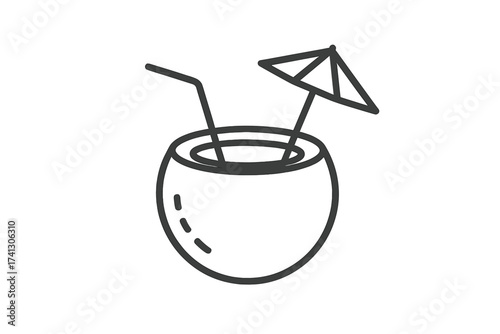 Coconut drink thin line icon. Summer beach vacation concept. Tropical cocktail with straw and umbrella. Healthy fresh beverage. Exotic refreshment vector illustration. Outline logo.