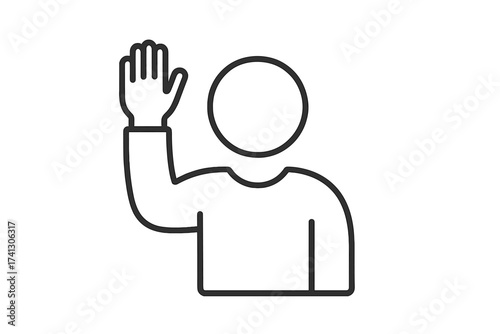 Vector icon of a person raising their hand to ask or answer a question. Concept for volunteer, student, participation, voting, help, and support. Simple minimal character pictogram.