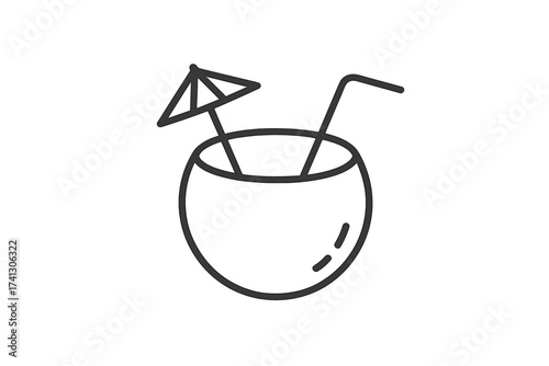Coconut cocktail thin line icon vector. Summer vacation beach party concept. Tropical drink with straw, umbrella. Healthy exotic fruit beverage. Fresh water or milk refreshment.