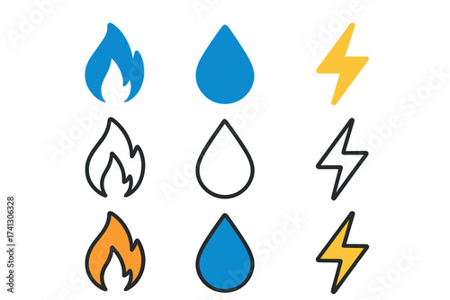 Set of gas, water, electric power utility icons. Vector symbols collection of flame, drop and lightning bolt. Flat, outline, and color filled line art icon styles illustration.