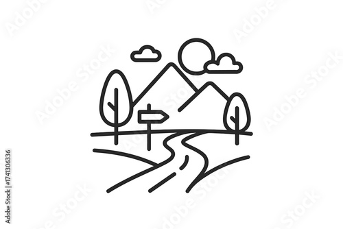 Country road with signpost in a minimal landscape. Vector thin line icon for travel, adventure, journey, destination, outdoors. Mountain scenery, countryside holiday concept.